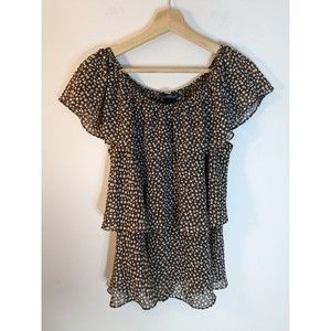 Willi Smith Womens Brown Ruffle Polka Dot Round Neck Pullover Blouse Top Size S